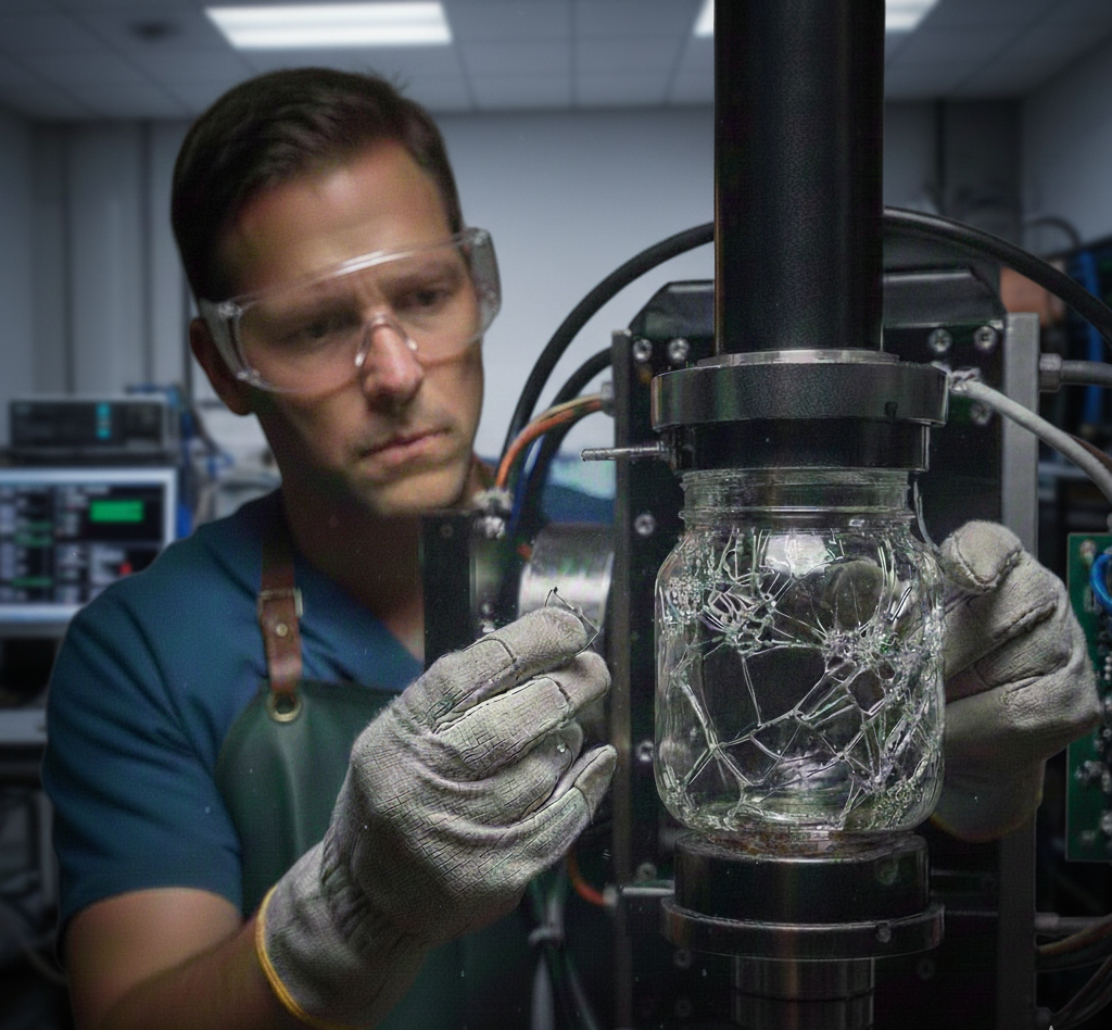 Technician with safety goggles examining broken x-ray tube glass component